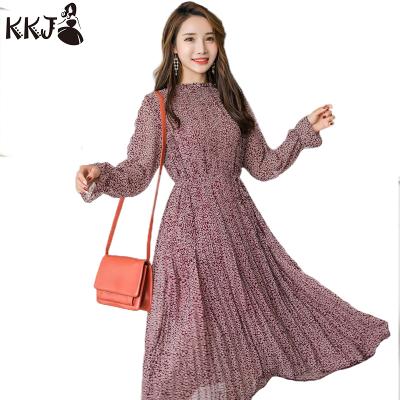 China 2019 New Anti-Static Floral Print Women Dress Elastic Waist Chiffon Thin Spring Full Sleeve Long A-Line Dress for sale