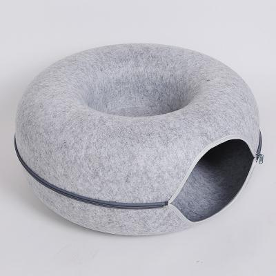 China Cat Felt Dismountable Zippered Tunnel Pet Fashion Donut Cool House Form Viable Four Seasons Cat House Nest Bed for sale