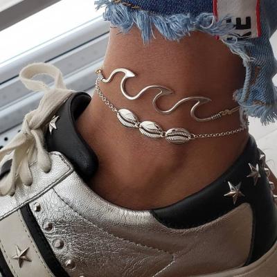 China 2020 New Summer TRENDY Men's Fashion Charm Bracelets Anklets Wave Woven Handmade Shell Anklets Silver Jewelry 2 Pcs Set Women for sale