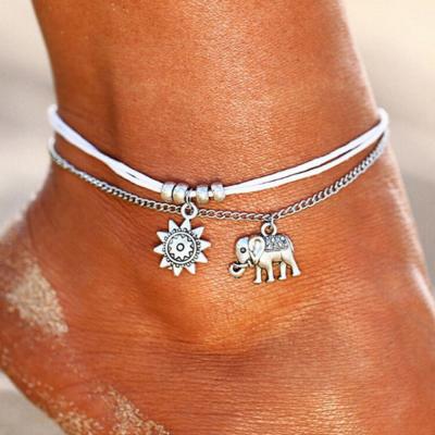 China Geometric Multilayer Simple Anklets Wax Fashion Women Bracelets Silver Rope Elephant Sun TRENDY Bohemian Flower Anklets Retro for sale