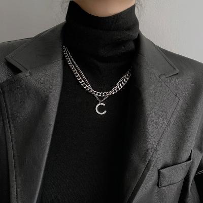 China 2022 TRENDY Initial Silver Women Men Necklace Stainless Steel Letter Sweater Chain Mens Fashion Double Layer Titanium Steel Necklaces for sale