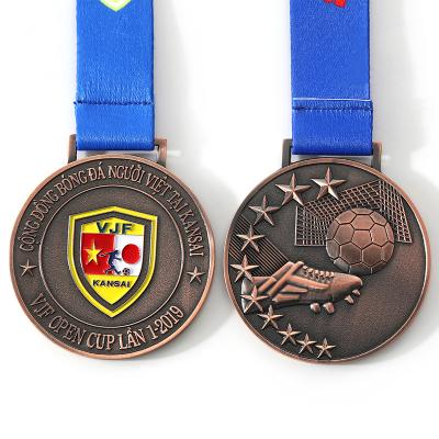 China Europe Copper Plated Custom Gold Double 3d Logo Football Sports Award Medal With Sublimation Ribbon Lanyard for sale