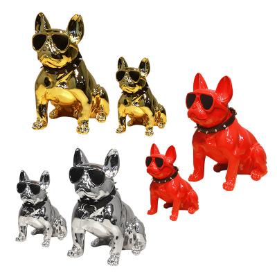 China 2021 New Arrival From Europe Life Size Electroplated Silver Red Gold Sunglasses French Bulldog Dog Resin Statue For Home Decor/Collection for sale