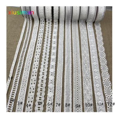 China Viable French Bridal Dress White Lace Embroidered Trim Cotton Embroidery Fabric E007 for sale