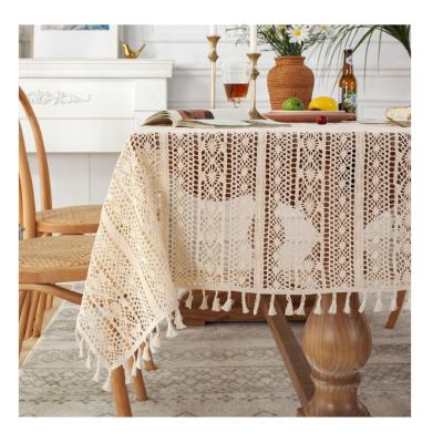 China T013 Durable French Wide Straight Edge Garden Crochet Hollow-out Tablecloth Lace Tassel Fabric Tea Table Cloth for sale