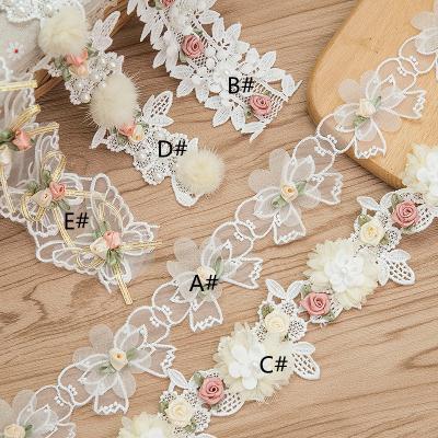 China Viable Fashion Double Layer Multicolor Plum Blossom Pearl Beaded 3D Flower Lace Trim E102 for sale