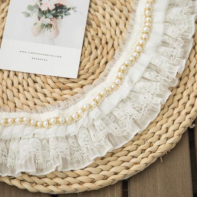 China E104 6.5cm 3D Flower Lace Fabric Pearl Chiffon Handmade Round Viable Flower Embroidery White Lace Trim for sale