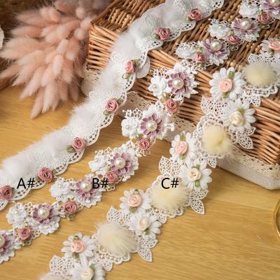 China Hot Selling E105 Viable Pearl Beaded 3D Flower Lace Fabric Crochet Applique Artificial Flower For Wedding Dress Fabric for sale