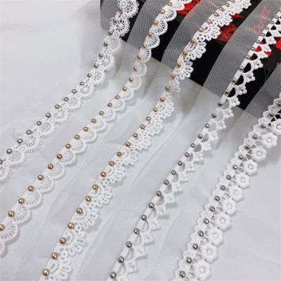 China Embroidery lace trim flower water soluble pearl beaded waist decoration 3d lace up trim ZH036 for sale