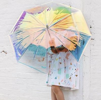 China CLASSIC Transparent Umbrella Special Color POE Iridescent Rainbow Shining Fashion Laser Automatic Open Umbrella for sale