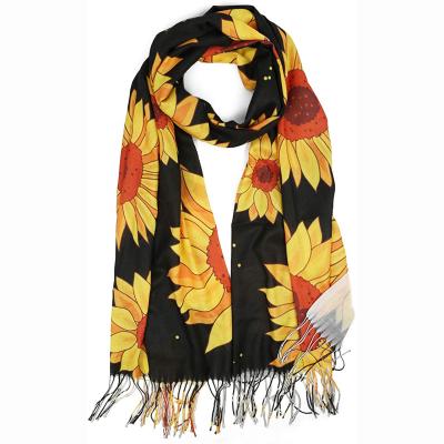 China New Designer Fashion Sunflower Print Fringed Cashmere Woven Scarf Daily Shawl Custom Made for sale