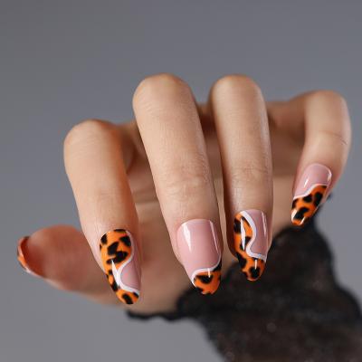 China 24pcs Full Cover Leopard Almond Design Custom Print Private Label Transparent Fake Nails With Clear Decoration Press On Nails for sale