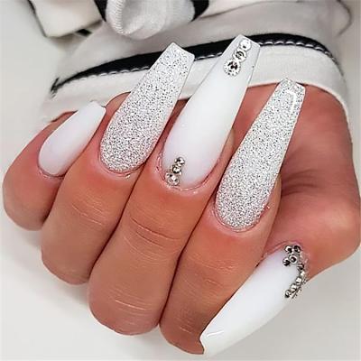 China Factory Price Fake Nail Stone French Press On Nails Coffin Design Nails White Color for sale