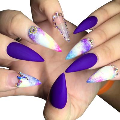 China Easy Apply 3D Coffin Fake Nails Blue Bling Rhinestones Press On Nails 24pcs Gel Nails Tip for sale