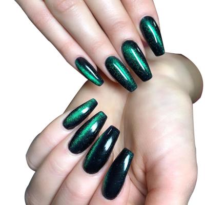 China Easy Apply 2020 New Coffin Stick On Nails Fashion Design Black And Bottle Green Strip Cat Eye Artificial Nails for sale