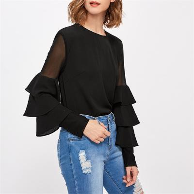 China Sleeve Blouses Silk Woman Anti-Pilling Bell Sleeve New Design Tiered Full Blouse Designer Elegant for sale