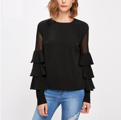 China Fashion design quality anti-pilling Bell tiered sleeve round neck black office blouses silk black office blouse for sale