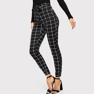 China Custom Anti-Wrinkle To Measure OEM Women's High Waisted Spandex Plaid Pants With Belt Spandex Pants For Women for sale