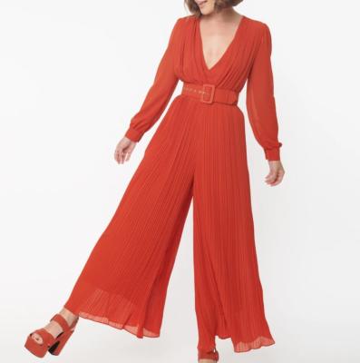 China High Quality Custom Made Elegant Red Deep V Neck Fashion OEM Wide Leg Summer Chiffon QUICK DRY Plus Size Overalls For Women for sale