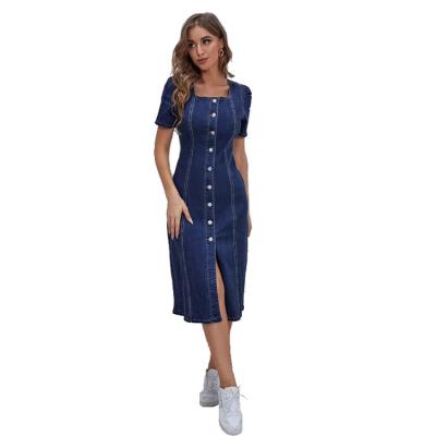 China Breathable Women Denim Dress Short Sleeved Single Breasted Denim Dress Knee-Length Elegant Casual Solid Color for sale