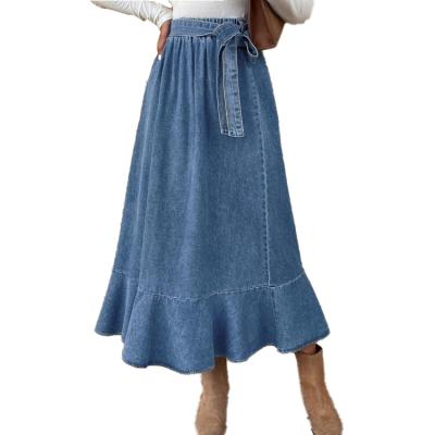 China Breathable 100% Cotton Solid Color Casual Style Ruffle Waist Design Knee Length With Sashed Women Denim Skirt for sale