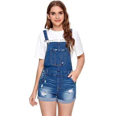 China Breathable Women Overalls Ripped Bib Suspender With Adjustable Waistband And Bottom Rolled Up Shorts for sale