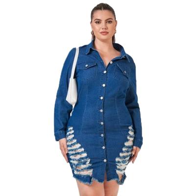 China Breathable Ladies Denim Shirt Dresses Long Sleeve Ripped Placket Edge Button Plus Size Denim Dresses For Women for sale