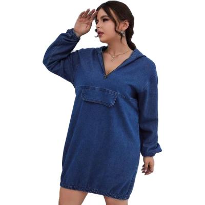 China Women Breathable Lattice Dresses Hooded Long Sleeve Plus Size V Neck Denim Solid Dress for sale