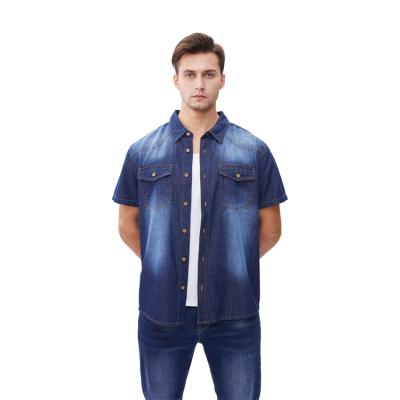 China Latest Washed Breathable Cheap Short Sleeve Cotton Denim Lattice Shirt Designs For Men for sale