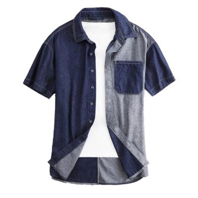 China Breathable 100% Men's Denim Shirt Cotton Short Sleeve Color Block Denim Shirt For Men for sale