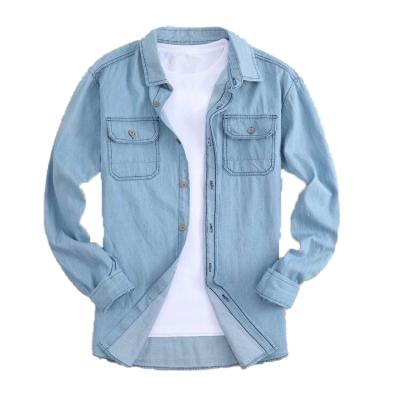 China Latest Breathable Cheap Long Sleeve Cotton 100% Washed Denim Lattice Casual Shirt For Men for sale