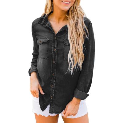 China Breathable Classic Denim Shirt Womens Long Sleeves Womens Solid Denim Shirt for sale