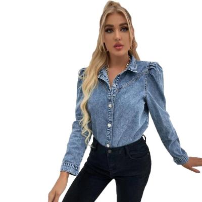 China Wholesale Breathable Women Denim Shirt Turn Down Collar Puff Sleeve Slim Waist Denim Blouses Fashionable Coat for sale