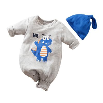 China Wholesale Cute 100% Cotton Cartoon Dinosaur Print Baby Clothes Baby Rompers Cotton Long Sleeve Baby Overalls Set With Hat for sale