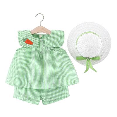 China Lovely Breathable Babies Summer Doll Neck Plaid Shirt And Shorts Set With Hat Toddler Baby Clothing Set for sale