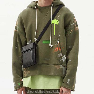 China Anti-Wrinkle Streetwear Cut Edge Raw Edge Fleece Paint Splatter Heavy Oversized 100% Cropped Cotton Hoodie Men for sale