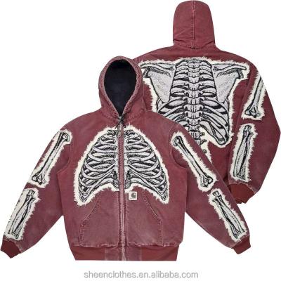 China Custom 100 Cotton Men's Full Zipper Anti-Wrinkle Jackets Skeleton Raw Thick Heavy Oversize Unisex Cotton Hoodies Acid Wash Hoodie For Men for sale