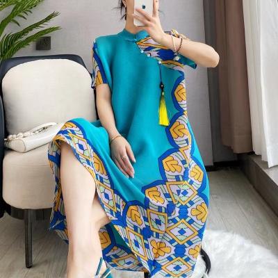 China Latest Viable Designs Elegant Summer Pleated Plus Size Chinese Engagement Dresses A Line Female Blue Cheongsam Women Casual Wear for sale