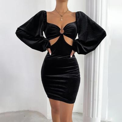 China Breathable Women's Mini Dress Deep V-Neckline Long Sleeve Cocktail Club Cut for sale