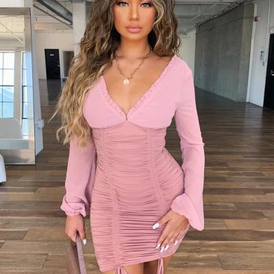 China Breathable Women Ruched Bodycon V Neck Backless Long Sleeve Dress Deep Breathable Mini Dress for sale