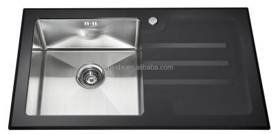 China Without faucet thicker handmade tempered glass and stainless steel sink for sale