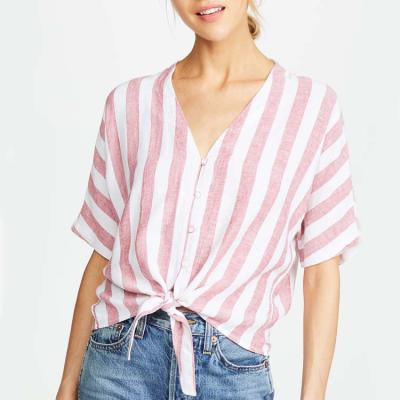 China Breathable Feminine Women's Tops Fashion Striped V-Neck Women Short Sleeve Blouse for sale