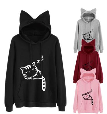 China Breathable Breathable Loose Fleece Printed Cat Animal Print Hooded Sweatshirt for sale