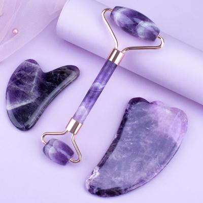 China Amethyst handle+amethyst heads 100% real natural amethyst jade face stone roller rose quartz facial massager roller gua sha set for sale