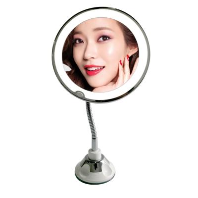 China New Round Lighted Led Makeup Mirror Flexible Goose-Neck Wall Bathroom Shower Magnifying Lighted Mirror With Suction Cup for sale