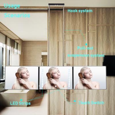 China Wall Mounted 360 Degree Lighted Foldable Led Haircut Mirror 3 Ways Triple Hair Cutting Mirror for sale