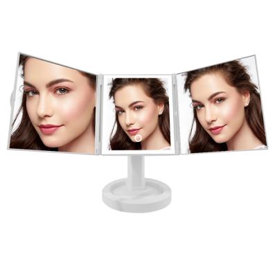 China Lighted Professional Foldable Led Mirror Folding Makeup Cosmetic Triple Led Desktop Vanity Mirror for sale