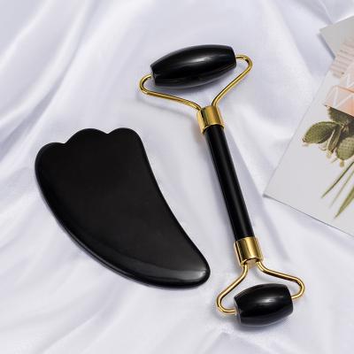 China Anti-Puffiness Anti-Puffiness Jade Roller Face Massager Obsidian Jade Roller And Gua Sha Anti Aging Black Tool Kit for sale