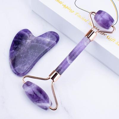 China Amethyst handle+amethyst heads jade handheld crystal roller beauty private label amethyst facial massager for sale