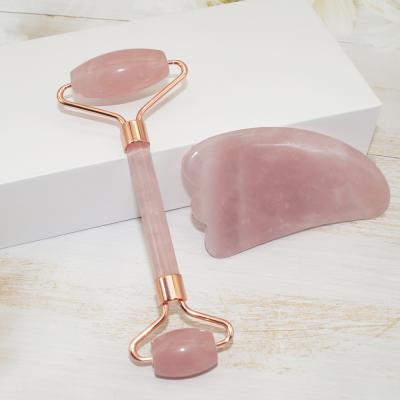 China Rose Quartz Handle+Rose Quartz Heads Rose Quartz Body Roller Face Ice Beauty Health Care Tool Large Size Lifting Roller for sale